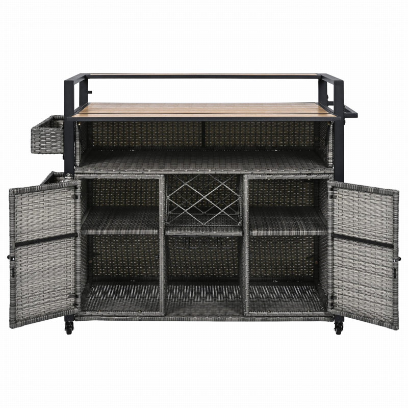 Tranquil 52.8"W Wicker Outdoor Grill Cart With Extended Table Top, Grey