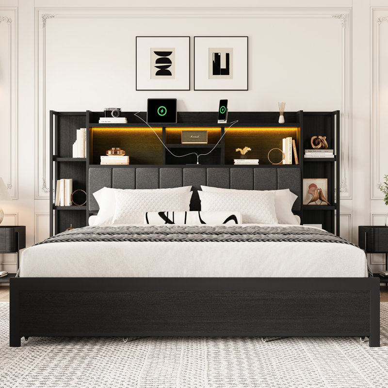Lit plateforme King Size avec tête de lit rembourrée et tiroirs de rangement, noir, King, Black