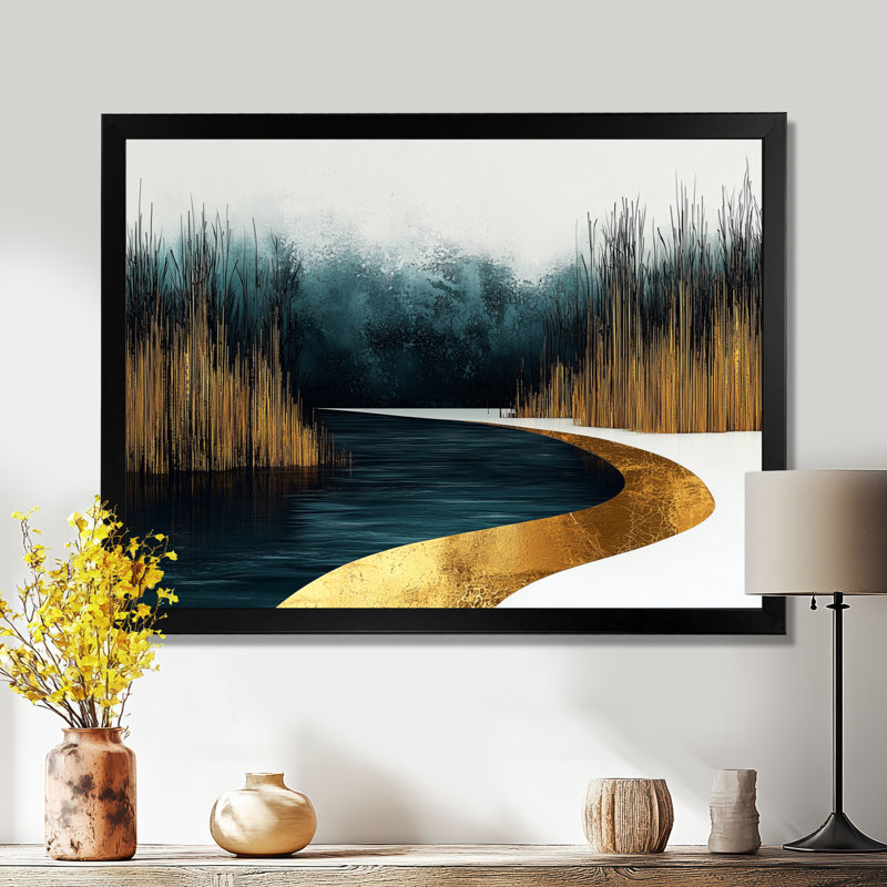 «Quiet Bold River In Emerald Gold Harmony III - Forest River Mountains, art mural, Reproduction encadrée d'une seule photo
