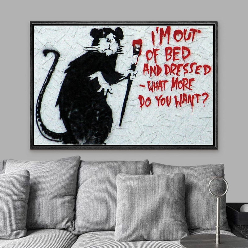 «Banksy Rat with Red Paintbrush On Canvas», art textuel, H 16 po x l 24 po x P 1,5 po, Cadre flottant noir