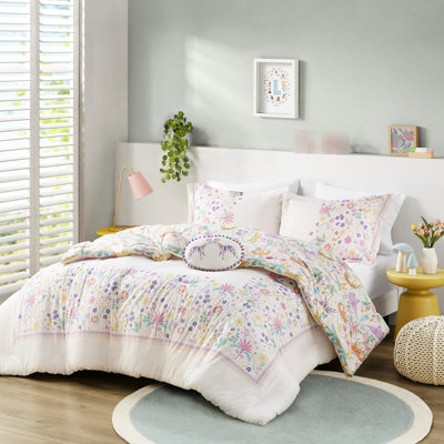 Édredon réversible en coton mauve avec 4 pièces et coussin décoratif réversible mauve à motif floral - bordure colorée, motif lavable à la machine
