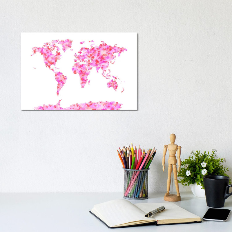 Love Hearts Map Of The World by Michael Tompsett - Wrapped Canvas Painting, 20.32 cm H x 30.48 cm W