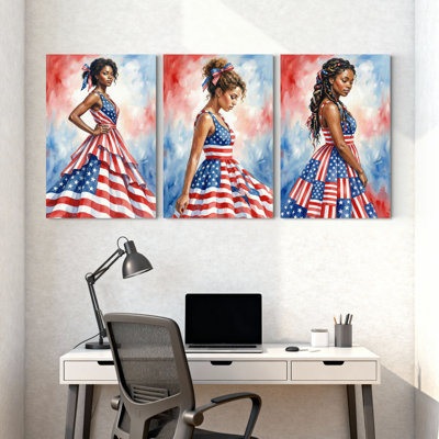 «American Flag Dress Woman Portrait Art», ensemble de 3 impressions murales sur toile