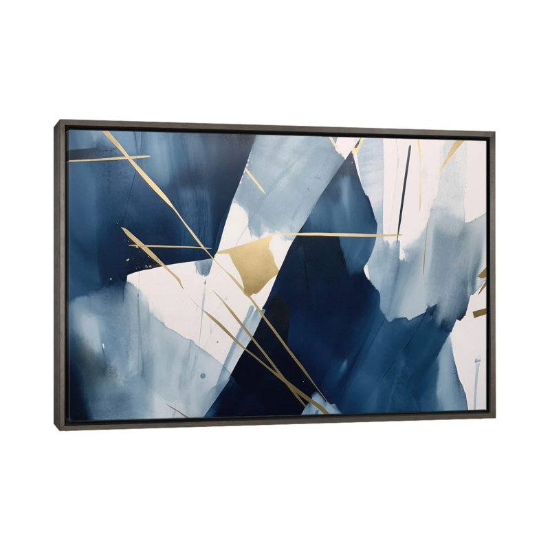 Abstraction bleu foncé III, H 40 po x l 60 po x P 1,5 po, Pas de tapis, Toile avec cadre flottant foncé en bois rustique