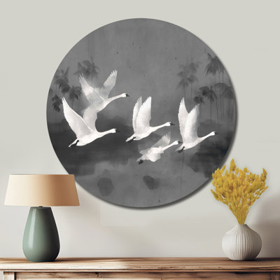 Cygnes blancs émigrants à la baie de Chesapeake - Décoration murale ronde animaux en métal