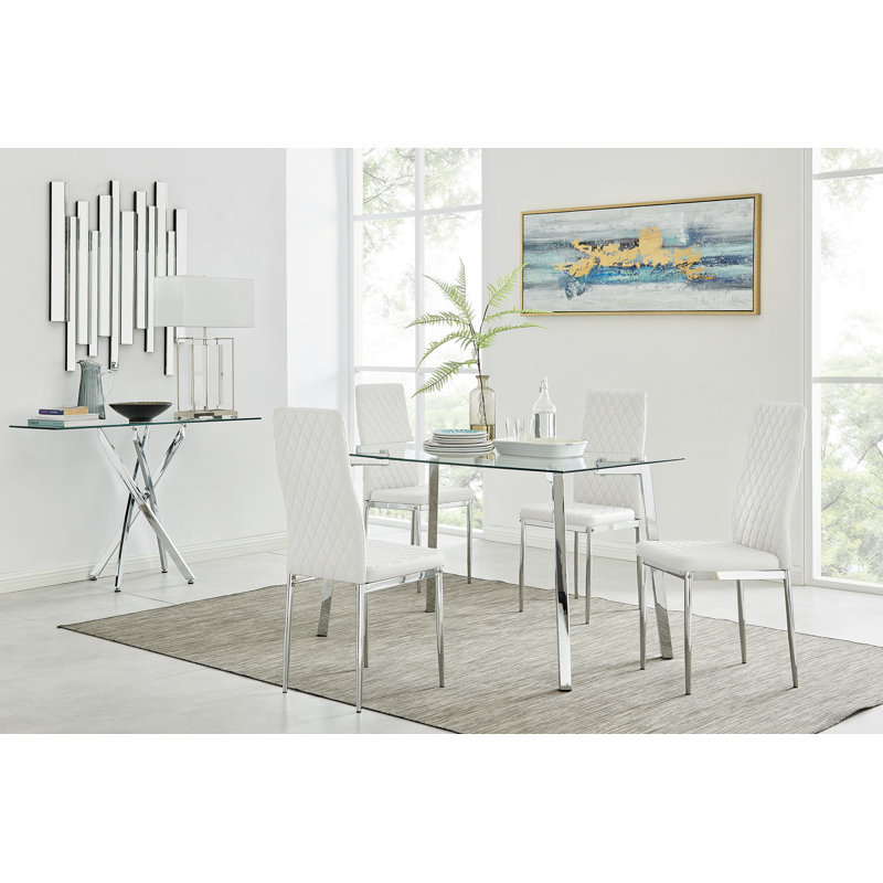 Edzard Cosmic Luxury Glass and Chrome Dining Table Set with 4 Quilted Faux Leather Dining Chairs, White