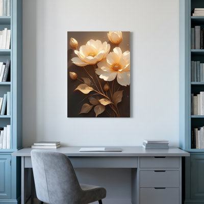 «White Magnolia Flowers With Golden Accents», ensemble de 1 reproduction d'art sur toile tendue