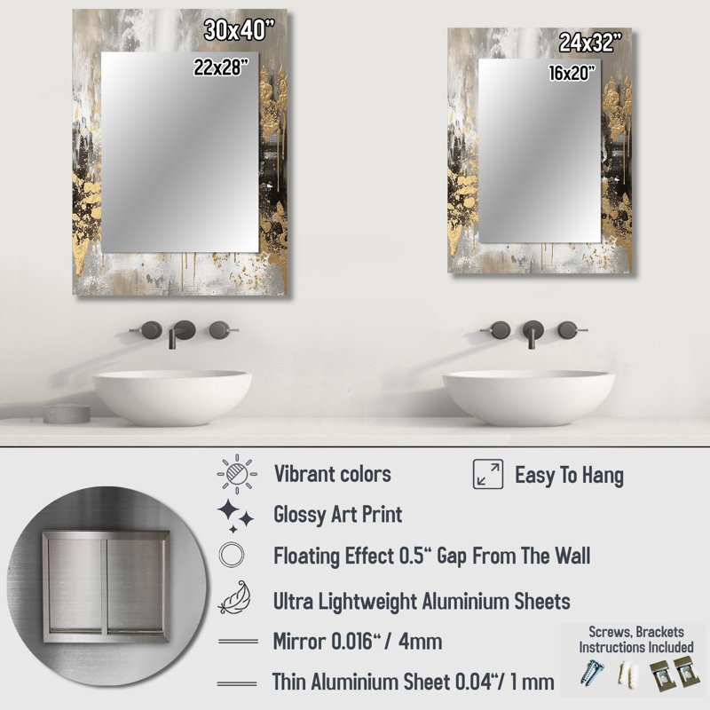 Abstrait moderne moderne doré - grand miroir mural, miroir décoratif blanc, impression d'art en métal, 32 po x 24 po