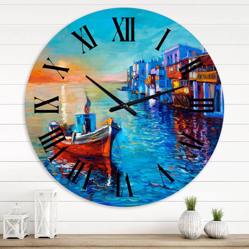 Bateaux se reposant sur l'eau près de la ville côtière I - Horloge murale nautique et côtière, Grand