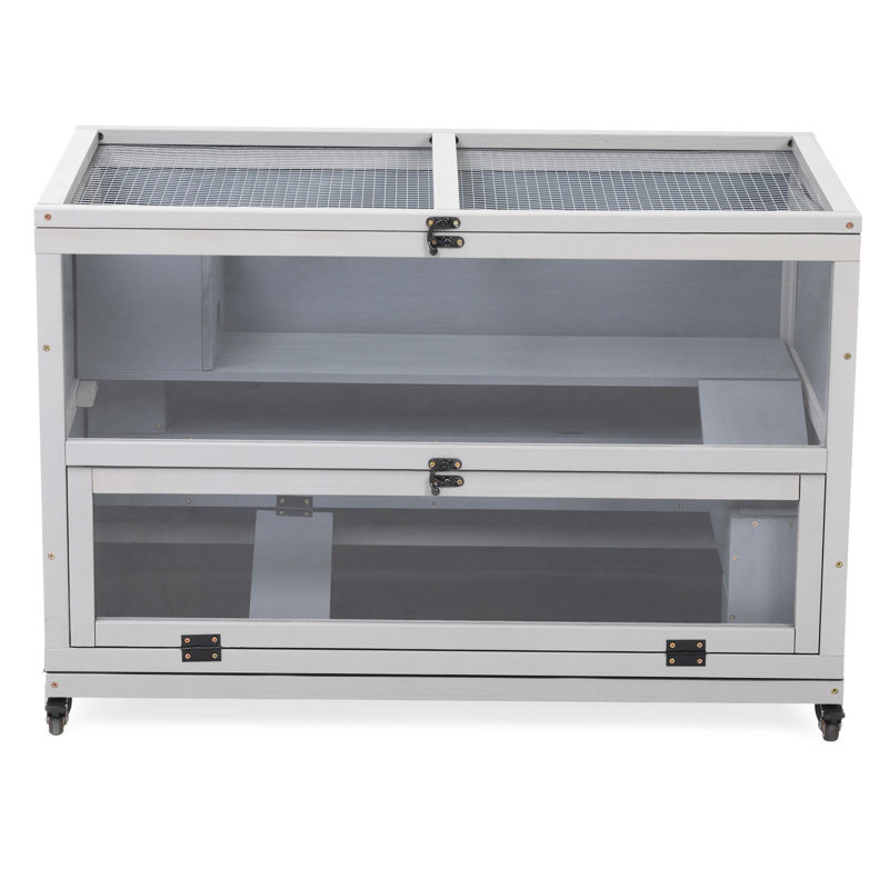 Cage à hamster gris, enceinte en bois avec tunnels, plateau amovible, roulettes, façade et plateau ouvrant, conçu pour une cage de confort en gris, façade supérieure, activité de tunnel d'escalade équipée