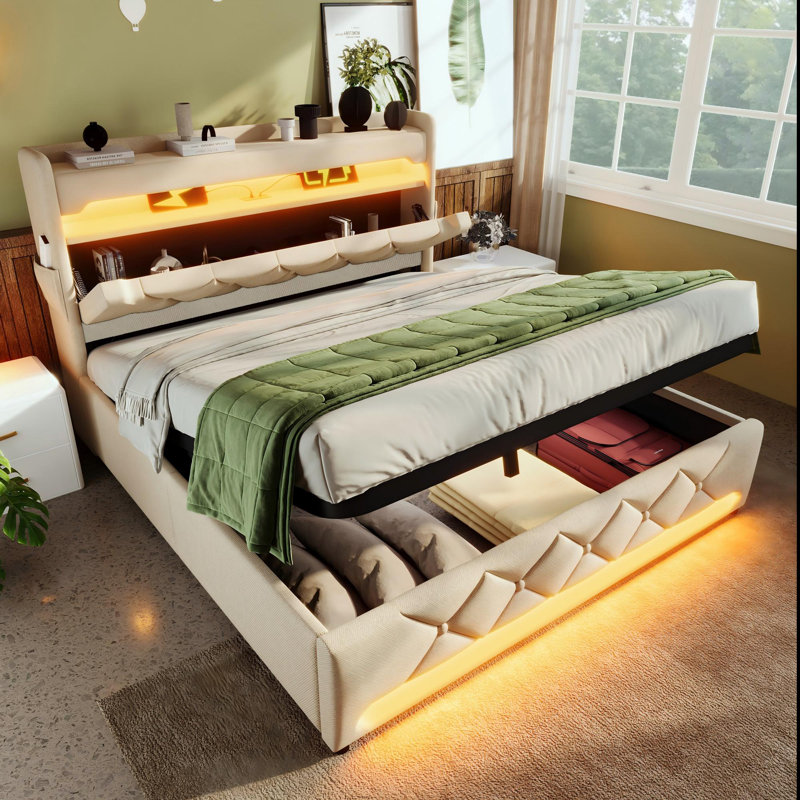 Upholstered Ottoman Storage Bed, Beige, Super King (6')