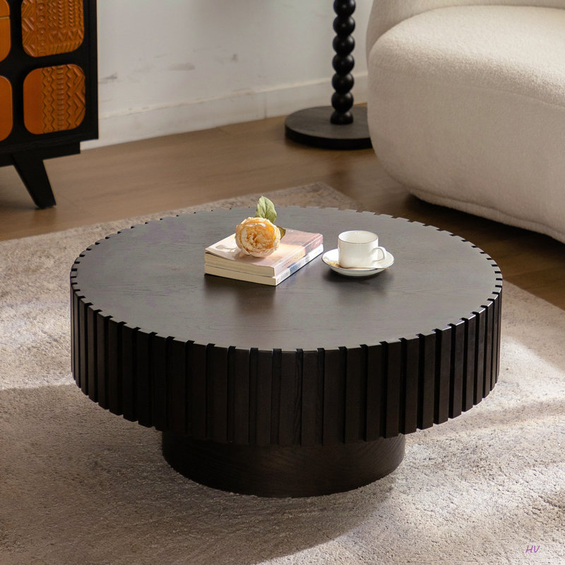 31.5" Handcrafted Relief Round Wooden Coffee Table | Sturdy Pedestal Base, Decorative Tea Table for Living Room, Dark Brown