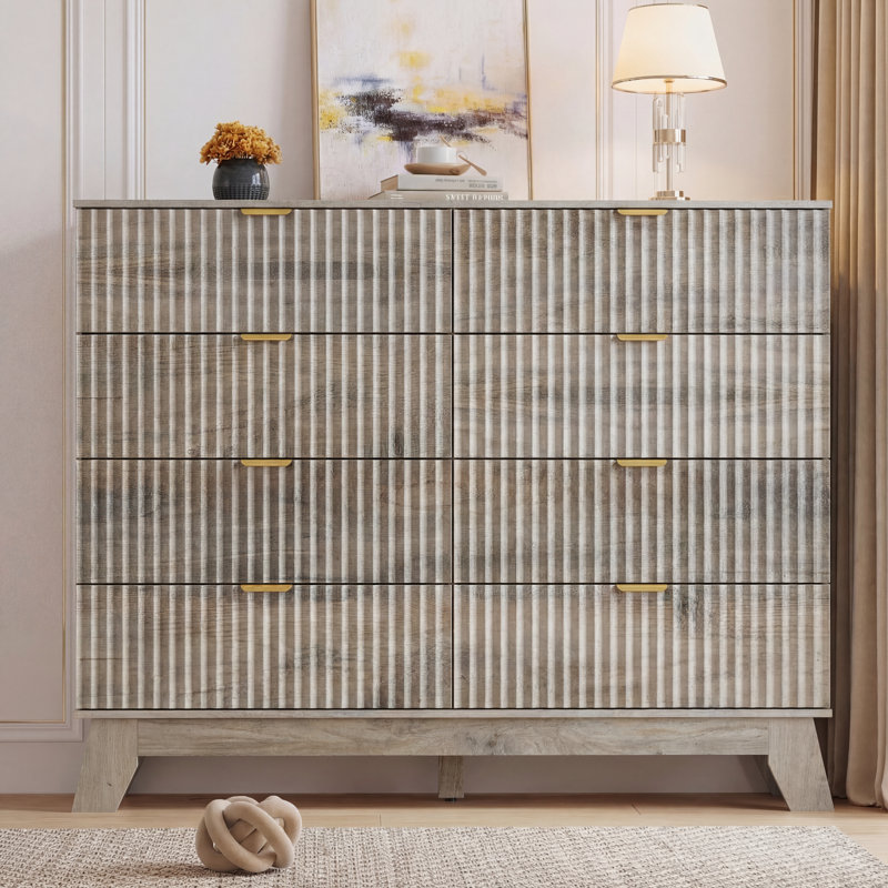 Commode cannelée à 8 tiroirs pour chambre à coucher, commode de rangement Boho l 47 po, Gris