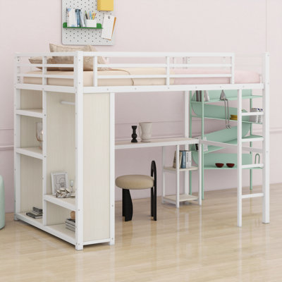 Loft Bed Frame With Wardrobe,Desk And Storage Shelves