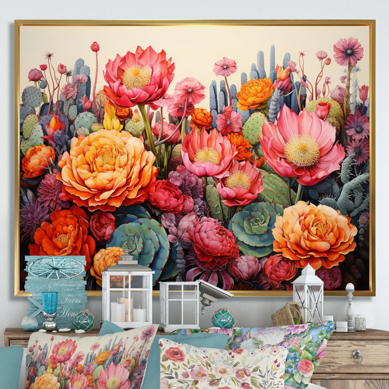 Désert cactus jardin IV - art mural désert, H 34 po x l 44 po x P 1,5 po, Cadre flottant doré
