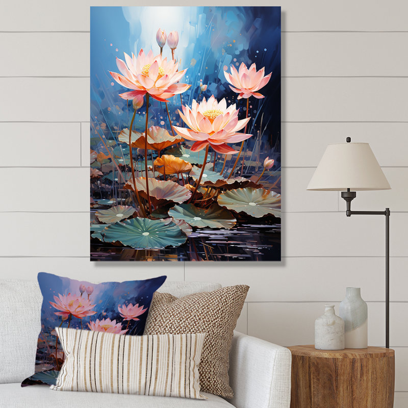 Fleurs de lotus étang harmonie sur toile, Toile tendue, H 40 po x l 30 po x P 1,5 po