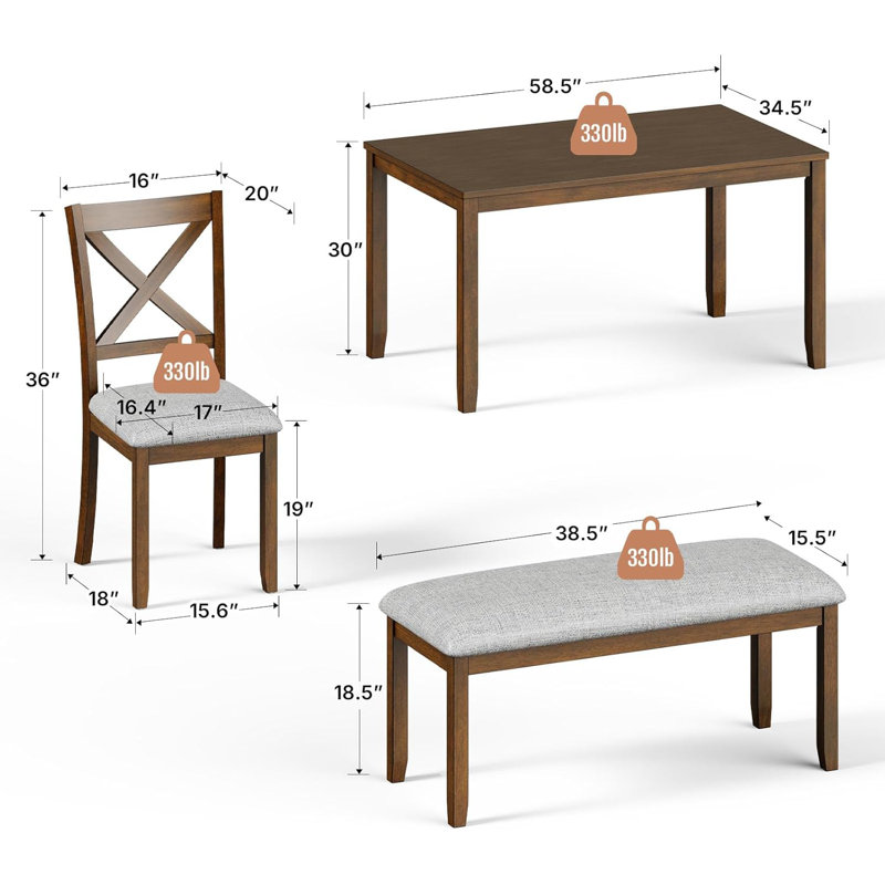 Dining Table Set for 6, 6-Piece  Kitchen Table & Chair Set, Includes 1 Table, 4 Upholstered Chairs & 1 Bench, X-shaped Backrest,
