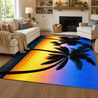 Tapis tropical avec vue sur l'océan et coucher de soleil, 1 pièce. Motif dégradé vibrant, idéal pour une scène de plage. Tapis doux et antidérapant pour l'intérieur, parfait pour le salon, la chambre à coucher, la cuisine et la décoration de la maison.
