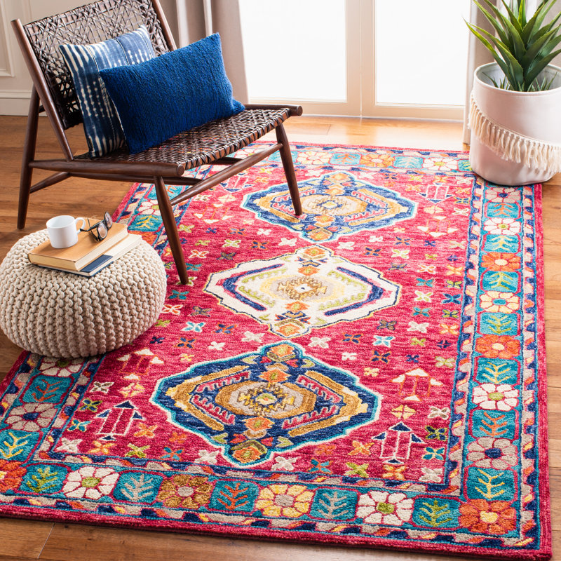 Ferrelview Hand Tufted Wool/Cotton Southwestern Rug in Blue/Red, Rectangle 6' x 9'