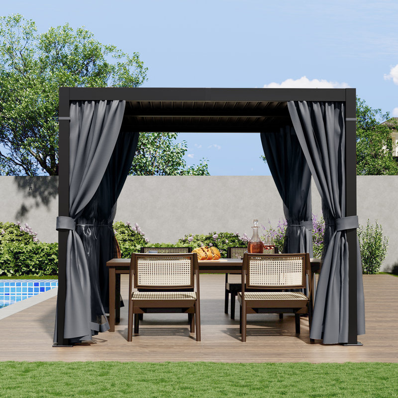 Aluminum Louvered Pergola with Adjustable Roof and Curtains, Black, 10 Ft W x 10 Ft D