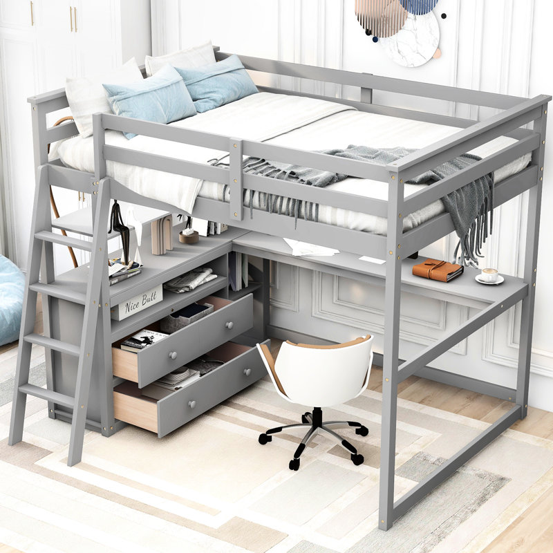 Lit mezzanine double avec bureau, tablettes et structure en bois de pin gris pour une chambre à coucher confortable, Double