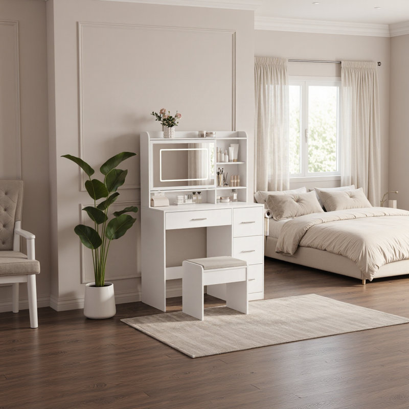 White Vanity Desk with Sliding Lighted Mirror, Power Outlet, Drawers, and Stool