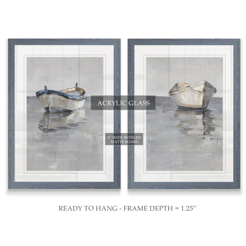 " Boat On The Horizon I " 2 - Pieces, 24" H x 18" W, Framed Print with Mat, Gray