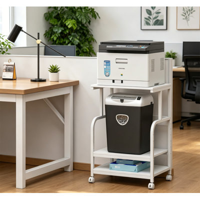 3-Tier Printer Stand with Storage, Height Adjustable Shelf, Rolling Printer Cart for Home Office, White