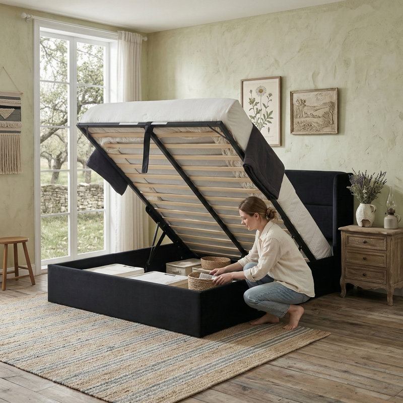 Lit plateforme tapissier avec rangement Gaillarde, Double, Noir