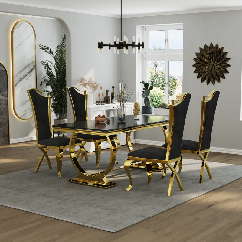 Ensemble de table de salle à manger luxueux noir et doré avec 4 chaises de salle à manger en velours noir, Black