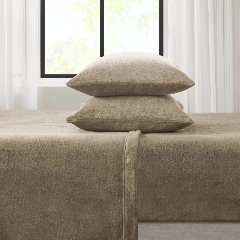 Drap-housse plat 4 pièces taupe - 100 % ultra doux, 2 taies d'oreiller, brossé des deux côtés, lavable à la machine, toucher velours, élastique