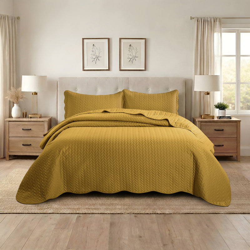 Embossed Quilted Bedspread Set – Ultra Soft Microfiber Coverlet With Pillow Shams, Hotel-Style Bedding For All Beds, Ochre