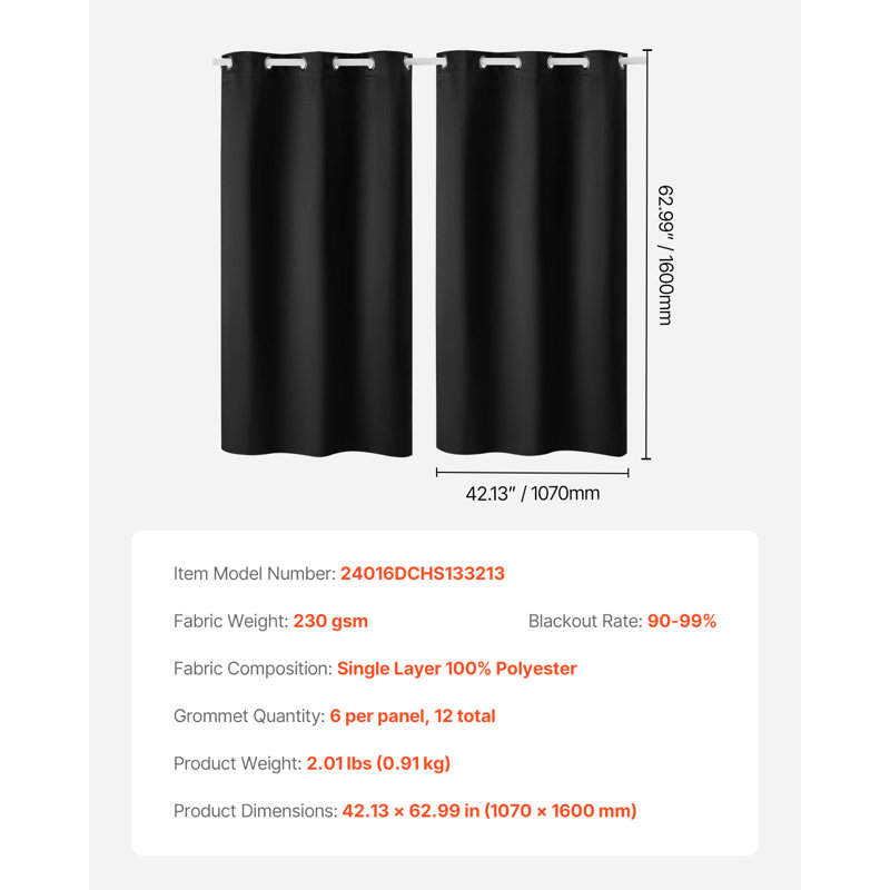 Blackout Curtains 2 Panels Set Each for Bedroom, 42.13" W x 62.99" L, Black