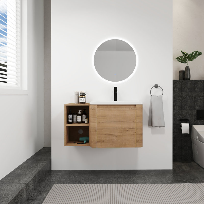 Meuble-lavabo mural 36 po avec lavabo en céramique blanche et tablettes de rangement et 1 porte à fermeture en douceur