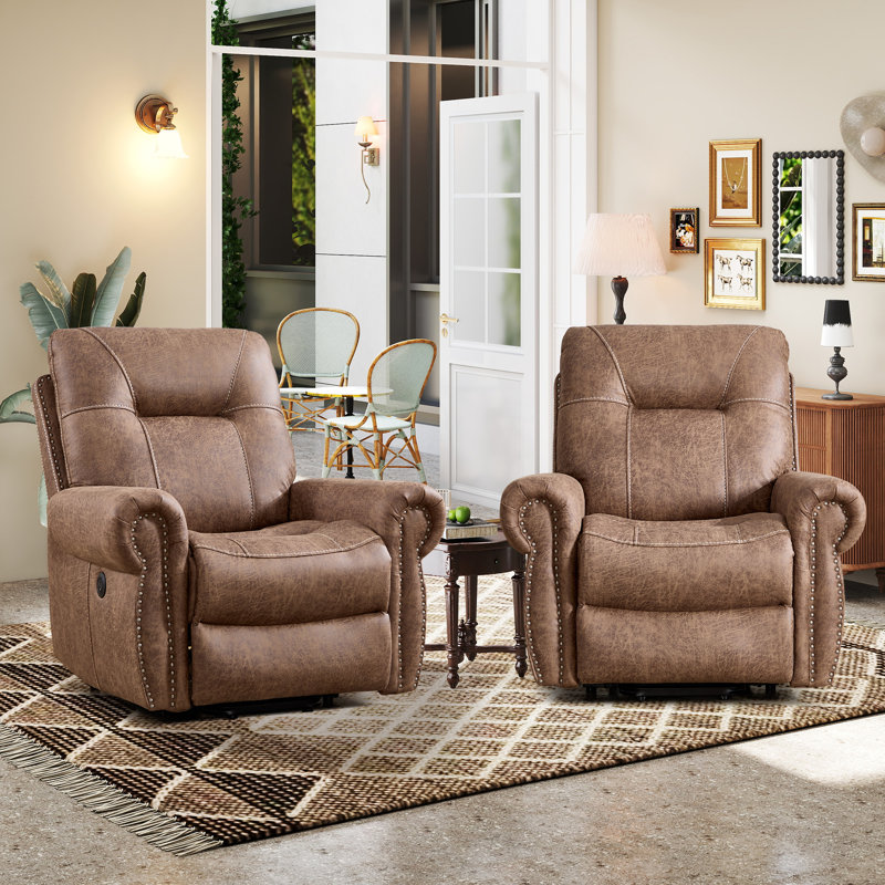 39.37'' Wide Modern Power Lift Assist Recliner With Massage, Heat & USB + Type-C Charging (Set Of 2), Vintage Brown