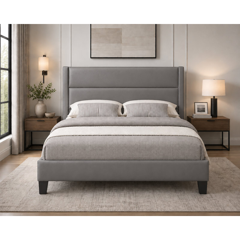 Lit plateforme tapissier avec tête de lit capitonnée horizontale, gris, très grand, Gris, Très grand