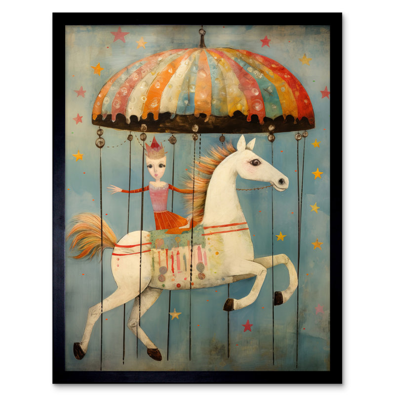 Folk Art Whimsical Carousel Fairground Pastel Horse - Single Picture Frame Print