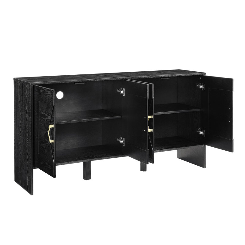 Buffet Mid-Century moderne avec rangement, console multimédia, motif géométrique et tablettes réglables pour une utilisation polyvalente, noir