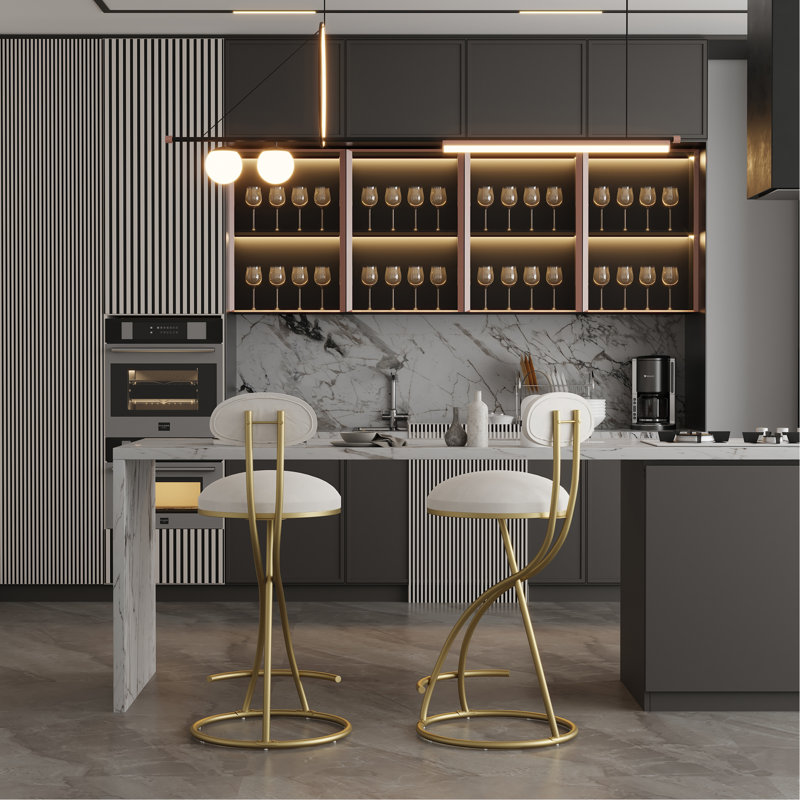 Tabouret de bar rond en velours sans accoudoirs avec dossier, ensemble de 2 chaises de comptoir rembourrées pour la salle à manger, îlot de cuisine (or et blanc crème)