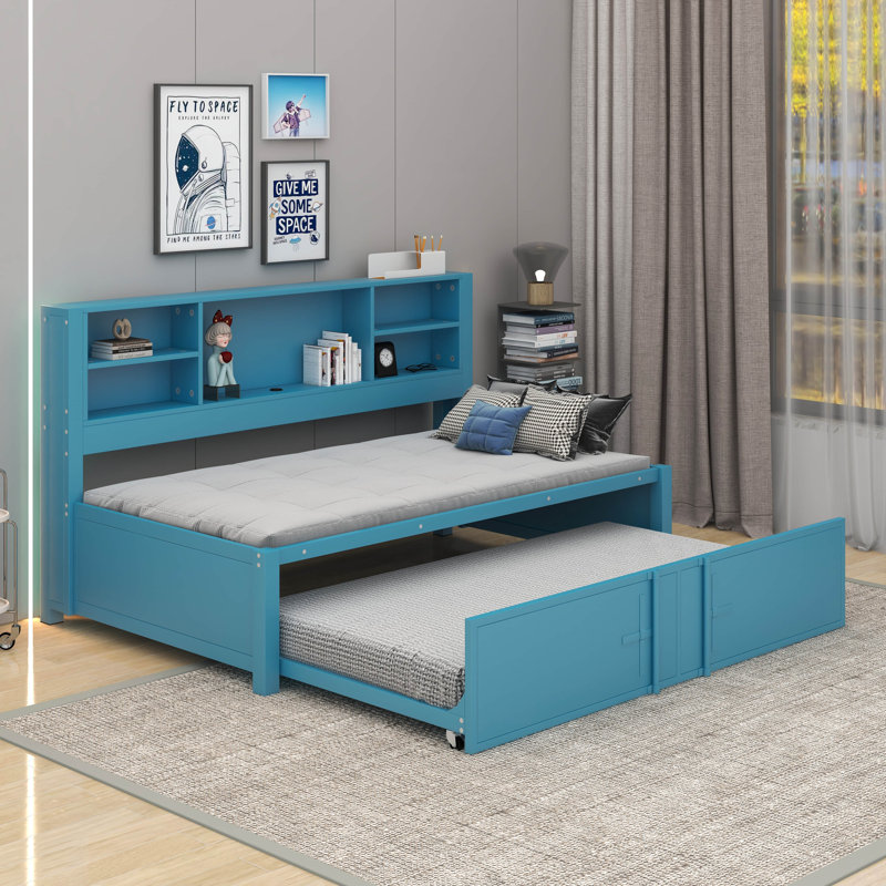 Metal Twin Size Daybed With Trundle, Storage Shelves And USB Ports, Blue