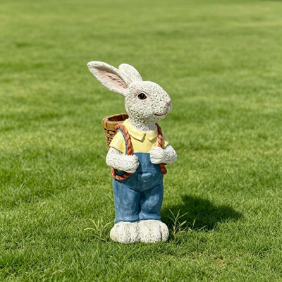 Ornement en forme de pot de fleur statue de lapin simulé, décoration de sculpture de jardin artisanat en résine de 17 po, ornement de tuteur domestique, cadeau idéal pour la fête de l’indépendence pour la décoration extérieure de la cour