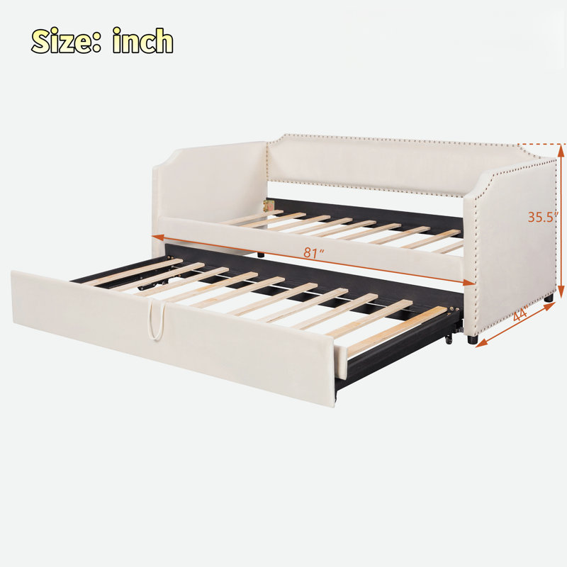Upholstered Daybed With Pop Up Trundle And Nail Head Decoration, Beige