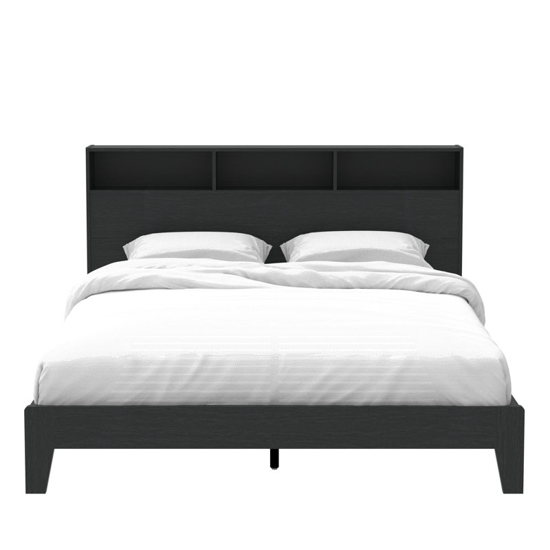 Allysyn Modern 64.5" W Queen Platform Bed With Headboardwith Bookcase Headboard, Black Oak