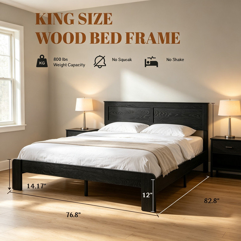 Lit plateforme en bois noir foncé, format King Size – Doté d'une structure intégrée silencieuse, compatible avec une utilisation sans sommier, livré avec tous les outils de montage et offrant un grand espace de rangement sous le lit.