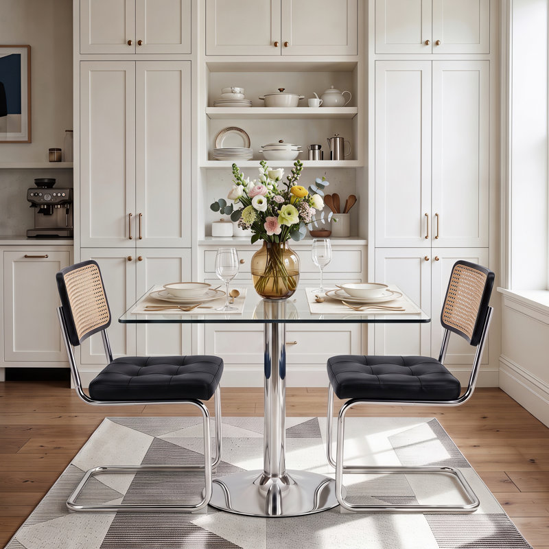 Ensemble de table de salle à manger 39 "en verre trempé pour 2 personnes avec chaises chromées, 3 Pieces: Table, 2 Chairs
