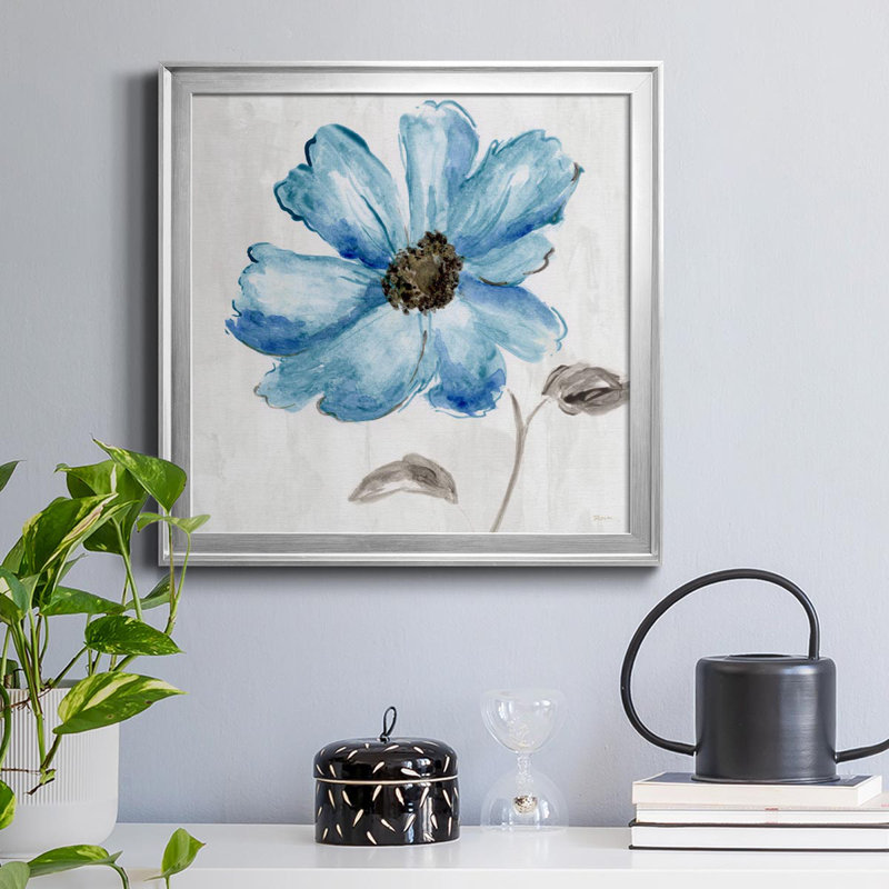Bleu floral - peinture sur toile encadrée, H 34,5 po x l 34,5 po x P 1,5 po, Argent