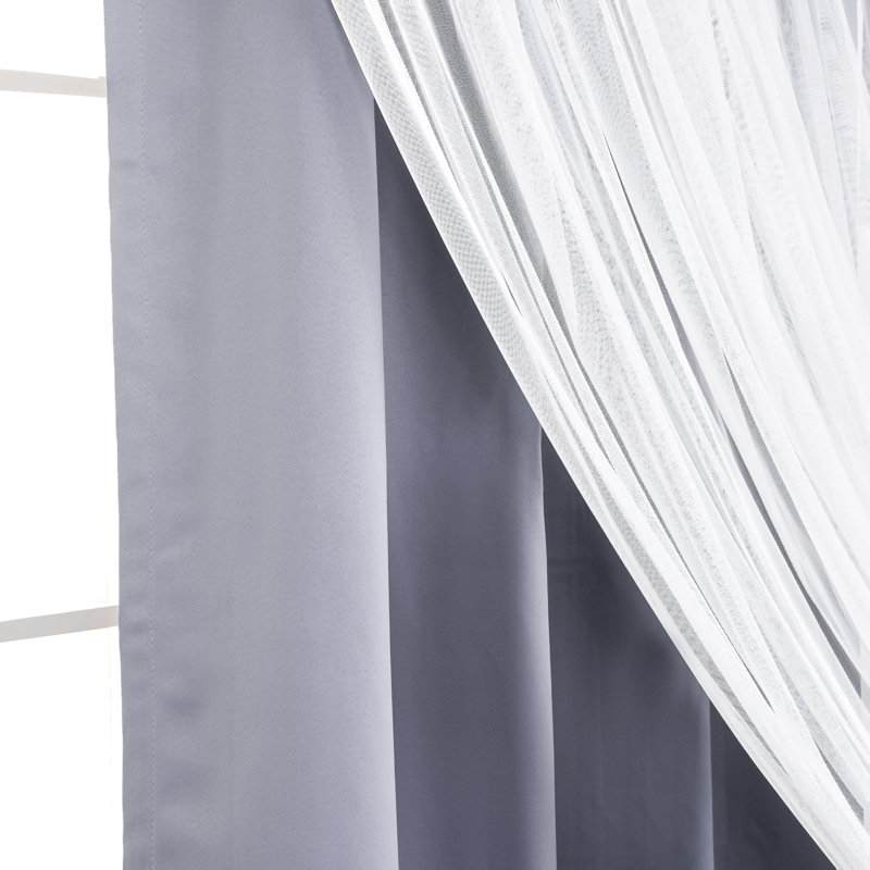 Fortuna Brockham Solid Tulle Overlay Room Darkening Grommet Curtain Panels, Gray, 52" W x 63" L