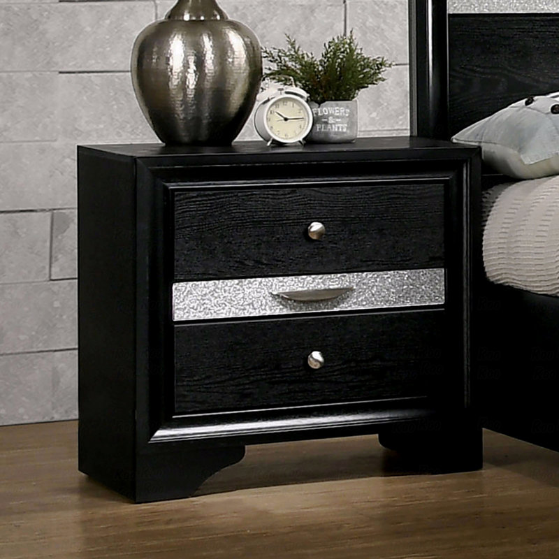 Table de chevet 3 tiroirs en bois avec boutons ronds en étain, Noir