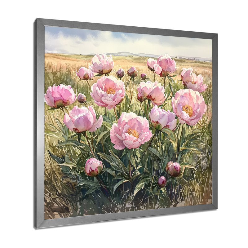 Pivoines par le champ de cultures II - pivoines, art mural, Reproduction encadrée d'une seule photo, Argent argent