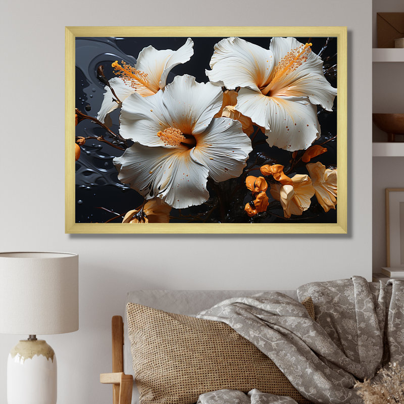 «Hibiscus Orange Blossums» sur toile, H 24 po x l 32 po x P 1 po, Cadre doré simple